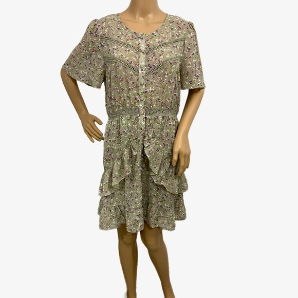 LoveRiche Boho Chic Women’s Sz M Ruffle Dress Mini Button Front Floral Crochet - Picture 2 of 11